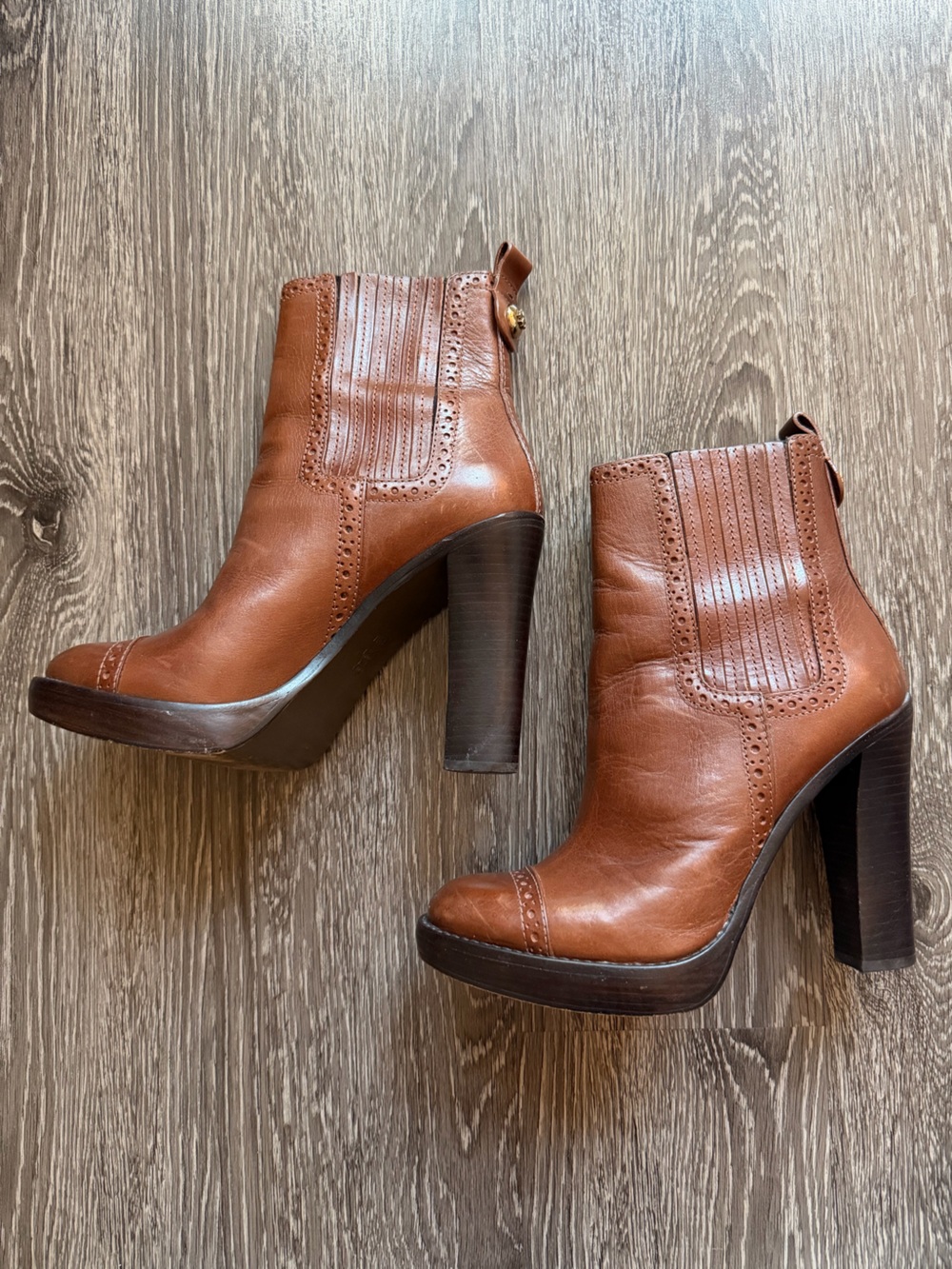 Tory Burch Cognac Leather Platform Ankle Boots